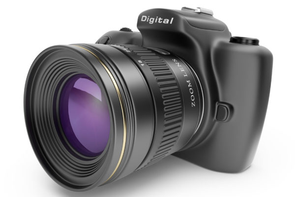 3D realistic illustration of a digital DSLR camera with lens